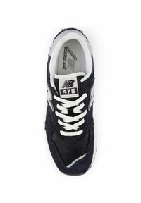 Dark navy sneaker featuring a mix of suede and nylon materials, white laces, and a gray logo accent with model number 475 on the tongue.