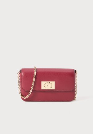 Burgundy leather crossbody bag with a textured finish, gold-tone hardware, and a front clasp closure. Chain strap for versatile wear.