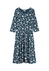 Sukienka z długim rękawem w kwiatowy wzór w ciemnym zielonym kolorze, z białymi i beżowymi kwiatami, okrągłym dekoltem i rozkloszowanym dołem z marszczoną talią.