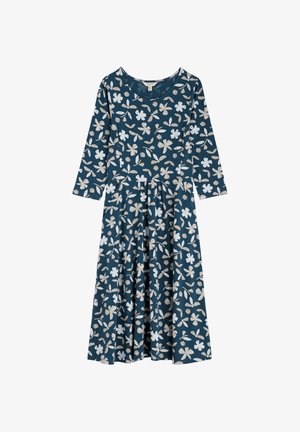 Vestido de manga larga con estampado floral en verde azulado oscuro, con flores blancas y beige, un escote redondo y una falda acampanada con cintura fruncida.