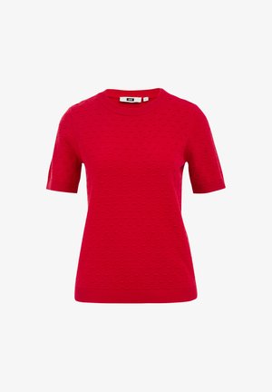 Rød kortærmet sweater med et struktureret mønster, rund halsudskæring samt ribbede manchetter og kant. Fremstillet af blødt, letvægtsmateriale.