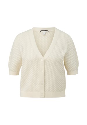 Cremfarbener Strickcardigan mit Rautenmuster, V-Ausschnitt, kurzen Puffärmeln und vorderer Knopfverschluss. Weicher Griff und gerippte Bündchen.