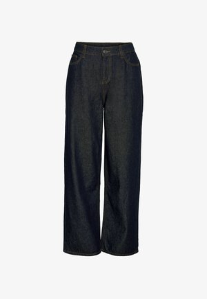 Wide-leg denim pants in dark blue with contrasting yellow stitching. Features a front button closure and five pockets. Smooth texture.