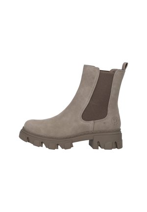 Bottines Chelsea taupe en suède, avec des panneaux latéraux élastiques, une semelle épaisse et une languette au talon pour un enfilage facile.