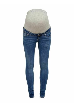 Niebieskie spodnie ciążowe z jasnoszarym elastycznym panelem na brzuch, który sięga nad brzuch dla wsparcia i komfortu.