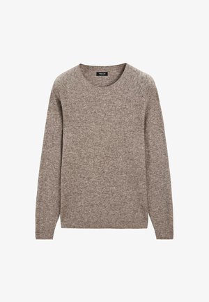 Maglione marrone lavorato a maglia con scollo rotondo, maniche lunghe e finitura strutturata. Il tessuto sembra morbido e leggermente spesso.