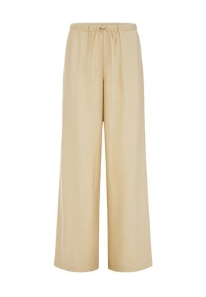 Bēšas krāsas platas bikses ar elastīgu jostasvietu un priekšējo auklu, brīvs piegriezums, gluds, viegls audums.