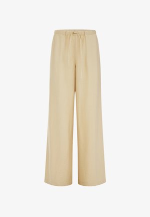 Bēšas krāsas platas bikses ar elastīgu jostasvietu un priekšējo auklu, brīvs piegriezums, gluds, viegls audums.