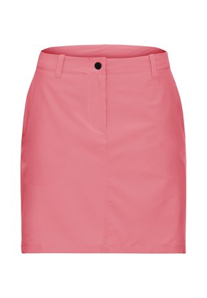Roze rok van gladde stof, met een voorzak, ceintuurlussen en een zwarte knoopsluiting in de taille.