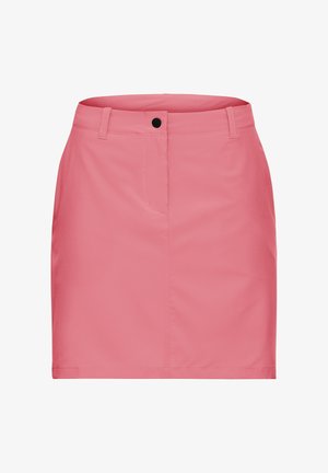 Roze rok van gladde stof, met een voorzak, ceintuurlussen en een zwarte knoopsluiting in de taille.