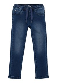 Donkerblauwe denim broek met een elastische tailleband, verstelbare koord aan de voorkant, klassiek vijf-pocket ontwerp en een slim-fit silhouet.