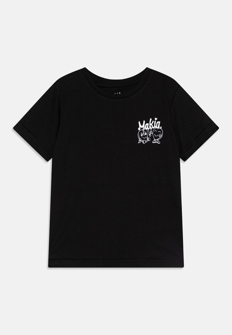 Black short-sleeve T-shirt made of cotton, featuring a white graphic of cartoon figures and text on the left chest area.