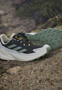 Czarno-białe buty do biegania po szlaku z zielonymi podeszwami oznaczone Gore-Tex, umieszczone na skalistym terenie na zewnątrz.