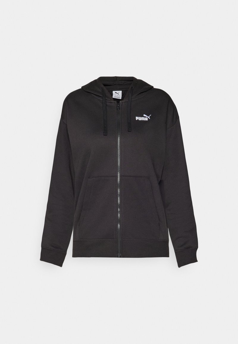 Black zip-up hoodie made of soft fabric with a front pocket, drawstring hood, and white Puma logo on the left chest area.