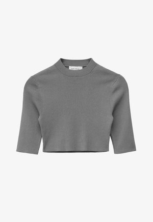 Grijze geribbelde, gebreide kortere trui met ellebooglange mouwen en een col kraag.