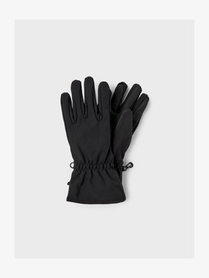Black gloves made of soft, flexible material, featuring a gathered wrist design and textured grip on the fingertips.