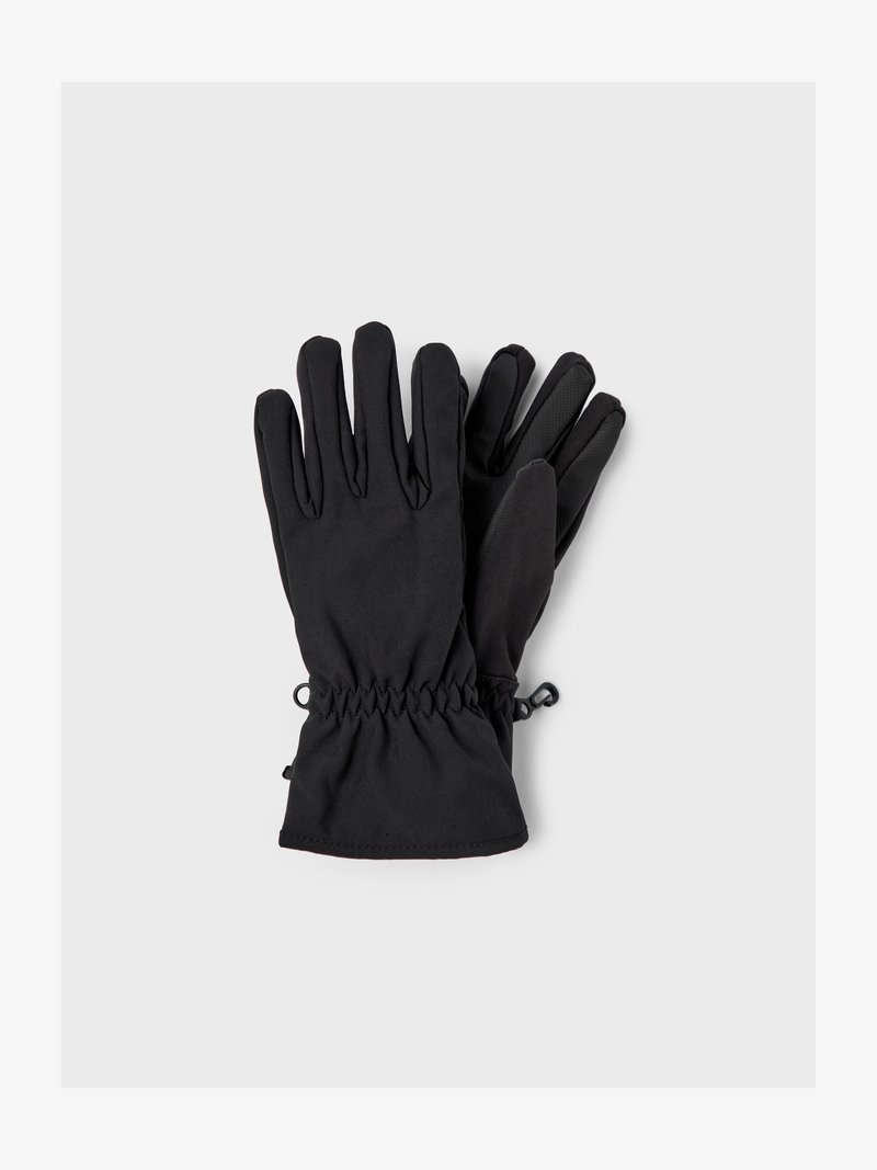 Μαύρα γάντια κατασκευασμένα από μαλακό, ευέλικτο υλικό, με σχεδίαση συγκεντρωμένου καρπού και υφή που προσφέρει καλύτερη λαβή στις άκρες των δαχτύλων.