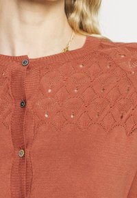 Kardigan v rezavé barvě s texturovaným pleteným vzorem, který obsahuje diamantové výřezy a dvě černé knoflíky na légě. Měkká látka.