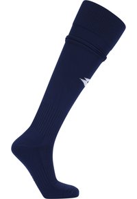 Marinblå höga sportstrumpor med ribbade sektioner och vitt logotyp på vadmuskeln, formade för att passa en högerfot och ben.