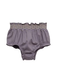 Světlé šedé ruflované kalhotky s elastickým pasem, které mají na sobě šněrování. Měkká, hladká tkanina s nařasenými stranami a výstřihy na nohách.