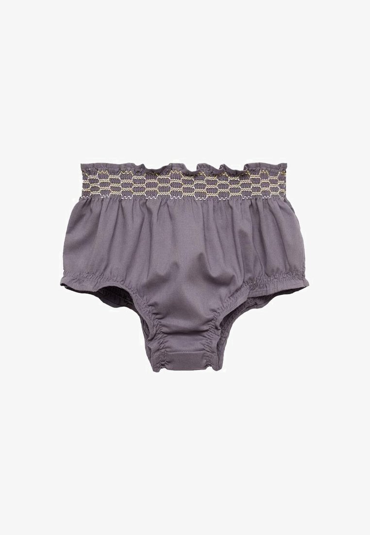 Světlé šedé ruflované kalhotky s elastickým pasem, které mají na sobě šněrování. Měkká, hladká tkanina s nařasenými stranami a výstřihy na nohách.