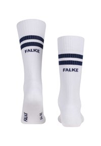 Chaussettes de sport blanches avec des rayures bleu marine en haut. La marque "FALKE" est imprimée en bleu marine sur le côté. Possède une texture côtelée.