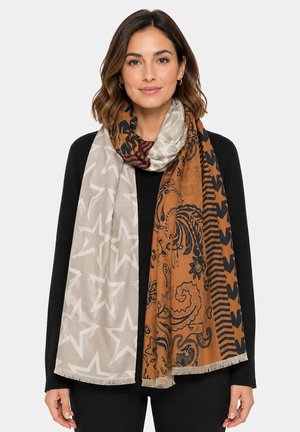 Faera, GEMUSTERTER SCHAL PATCHWORK STERNE PAISLEY FRANSEN - Schal - taupe