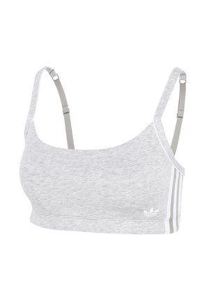 Lichtgrijze sportbeha met verstelbare bandjes en witte Adidas drie strepen en logo aan de zijkant.