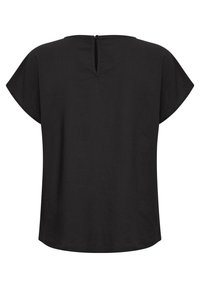 Blouse noire à manches courtes avec un col rond et une petite fermeture à bouton en forme de goutte d'eau au dos.