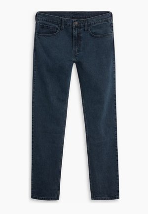 Donkere spijkerbroek met een rechte pijp, vijfzakkenmodel, metalen knoopsluiting en een strakke, onversierde afwerking.