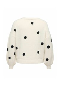 Pull en maille blanche avec des pois noirs éparpillés sur le dos et les manches, avec un col rond et des poignets côtelés.