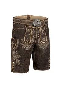Shorts en cuir marron avec des broderies florales complexes, des coutures décoratives, une boucle de ceinture en métal et des accents de boutons sur les côtés.
