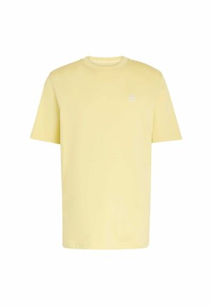 Yellow cotton t-shirt with a round neckline and short sleeves. Features a small white logo on the left chest area. Simple and straight cut.