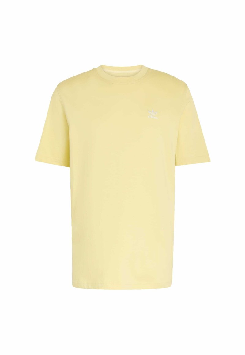Yellow cotton t-shirt with a round neckline and short sleeves. Features a small white logo on the left chest area. Simple and straight cut.