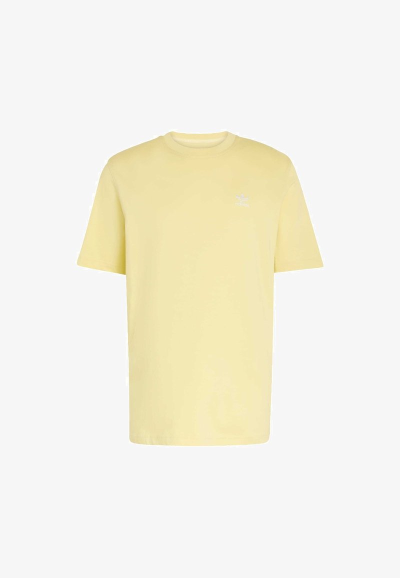 Yellow cotton t-shirt with a round neckline and short sleeves. Features a small white logo on the left chest area. Simple and straight cut.