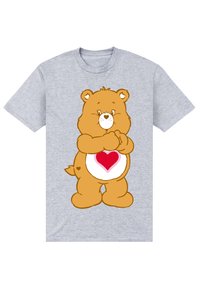 Grå kortærmet t-shirt med en tegneserie-bj�ørn i brun farve, en hvid mave og et rødt hjerte-design. Enkel, legende design.