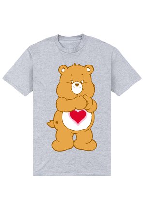Szary t-shirt z krótkim rękawem z rysunkowym niedźwiedziem w brązowym kolorze, z białym brzuchem i czerwonym sercem na wzorze. Prosty, zabawny design.