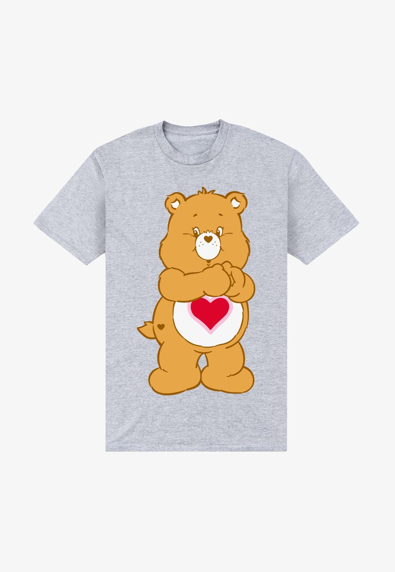 Szary t-shirt z krótkim rękawem z rysunkowym niedźwiedziem w brązowym kolorze, z białym brzuchem i czerwonym sercem na wzorze. Prosty, zabawny design.