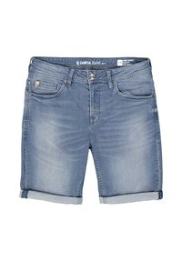 Shorts en denim bleu clair avec une coupe slim, ourlets retroussés, cinq poches et décoloration subtile. Présente une étiquette de marque sur la taille.