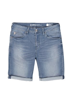 Pantaloni corti in denim azzurro chiaro con design slim fit, orli risvoltati, cinque tasche e leggera scoloritura. Presentano un'etichetta con marchio nella vita.