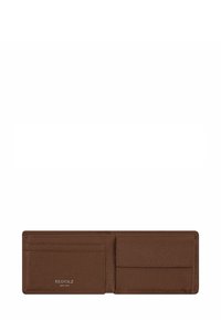 Bruine leren bifold portemonnee met kaartslots aan de linkerkant en een muntzakje aan de rechterkant, gebrandmerkt met "REDOLZ" aan de binnenkant.