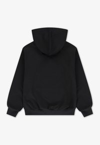 Hanorac negru dintr-un material moale, cu glugă cu șnur, manșete și talie cu dungi elastice, având o textură netedă și un design minimalist.