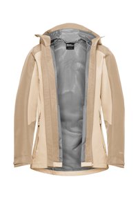 Veste d'extérieur beige avec capuche, extérieur lisse et doublure en mesh. Comprend des poches zippées et des panneaux contrastants sur les manches.