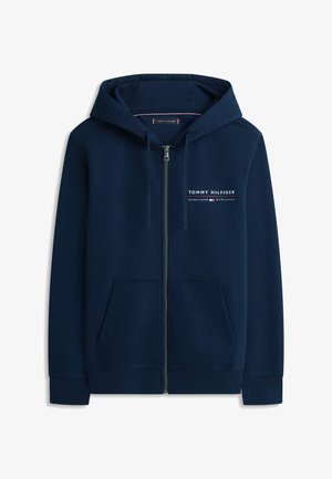 Felpa con cappuccio blu navy a zip intera, con tasche frontali, cappuccio con coulisse e logo "Tommy Hilfiger" sul petto a sinistra.