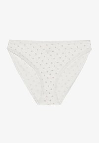 White cotton panties with small pink and green floral print, featuring a delicate lace trim along the waistband and leg openings.