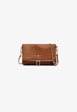 Brown leather crossbody bag with a textured finish, silver chain strap, and front zipper. Features decorative star and stud accents.