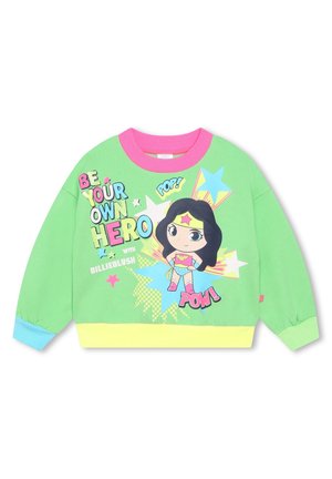 Sudadera verde con un diseño de personaje de dibujos animados y el texto "Sé tu propio héroe". Cuello rosa, puños azules y detalles en amarillo en el dobladillo.