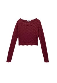 Langarm cropped top in bordeaux, met een gestructureerd patroon van verheven, diamantvormige vormen en een gegolfde zoom. Rekbare stof.