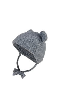 Soft gray fleece baby hat with ear flaps, a pom-pom on top, and tied straps under the chin.