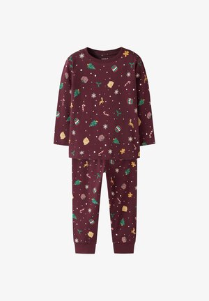 Burgundy cotton pajama set featuring long-sleeve top and pants, decorated with holiday motifs like trees, gifts, and candy canes.